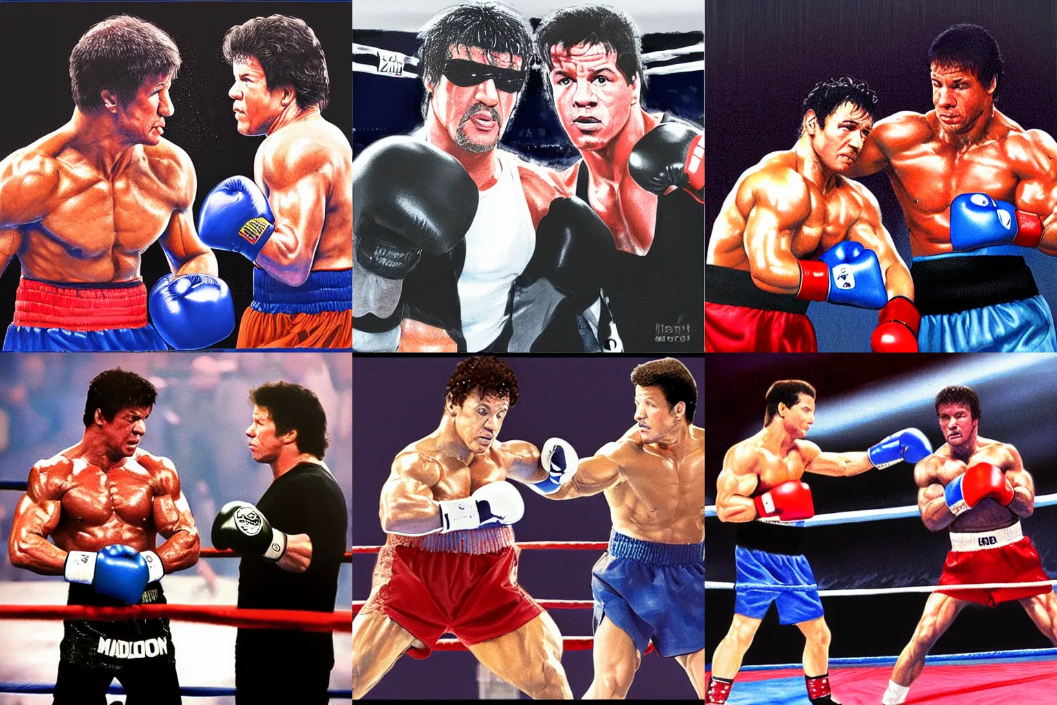 Prompt: Sylvester Stallone boxing Mark Wahlberg at Maddison Square Garden, Digital art