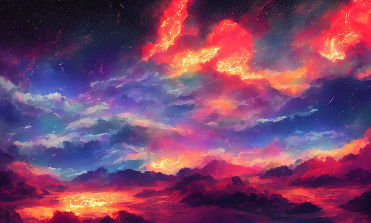 Image similar to a beautiful painting of fire sea, starry sky, moon ， cloud, by liam wong and yuumei and yanjun chen, trending on artstation