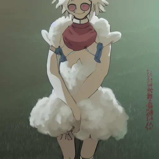 Image similar to girl in sheep suit, artwork made by makoto shinkai, inspired in hirohiko araki, clean details, light color palette, anatomically proportional, hd