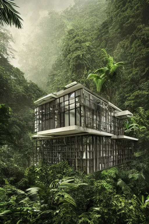 Prompt: architecture inspired by le corbusier in the rainforest. nature is taking over. upside down. metabolism. matte painting. octane render. hdr. volumetric lighting. global illumination. atmospheric.