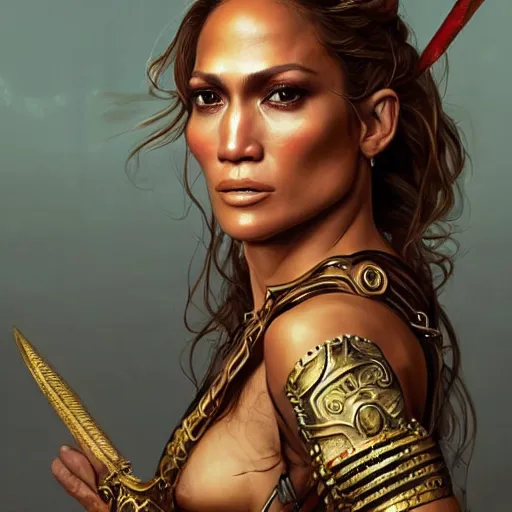 Image similar to portrait of Jennifer Lopez as a warrior woman, looking at camera, D&D, intricate, elegant, stylish, cute smile, mouth slightly open, fantasy, extremely detailed, digital painting, artstation, concept art, smooth, sharp focus, illustration, stunning lighting, art by artgerm and greg rutkowski and alphonse mucha and simon stalenhag.