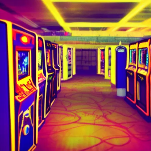 Image similar to beautiful fuzzy phonecamera photograph of an empty 9 0 s arcade