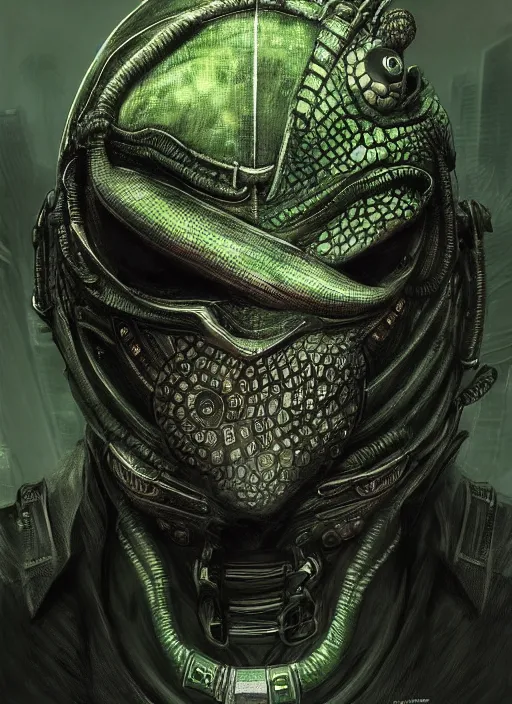 Prompt: cyberpunk turtle downtown tokyo mf doom reptile eyes, green and gray skin. intricate, elegant, highly detailed, centered, digital painting, artstation, concept art, smooth, sharp focus, illustration, artgerm, tomasz alen kopera, peter mohrbacher, donato giancola, joseph christian leyendecker, wlop, frank frazetta