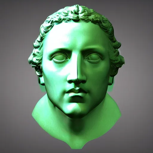 Image similar to head of a renaissance statue in a huge neon ring, 3 d render