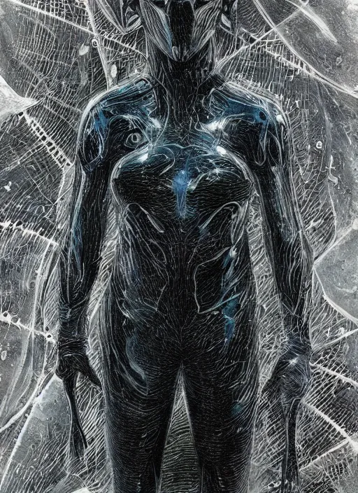 Image similar to two astronauts in dark and void underwater - hyperdetailed suit. reflection and dispersion materials. rays and dispersion of light. volumetric light. 5 0 mm, f / 3 2. noise film photo. flash photography. ultra realistic, wide angle. poster by wayne barlowe, hajime sorayama aaron horkey, craig mullins. dark key.