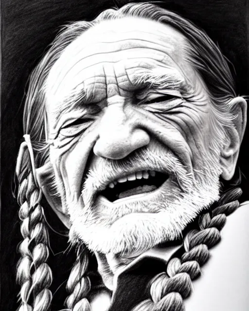 Prompt: a photorealistic portrait of willie nelson singing, pencil drawing, hyperrealist