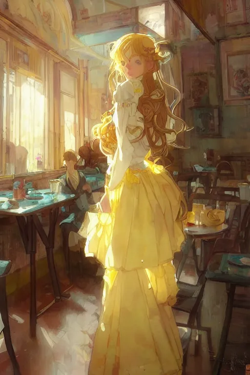 Prompt: A girl in a maid's outfit in a cafe a afternoon, wavy hair yellow theme,S line,45 angel by krenz cushart and mucha and yoneyama mai and greg rutkowski