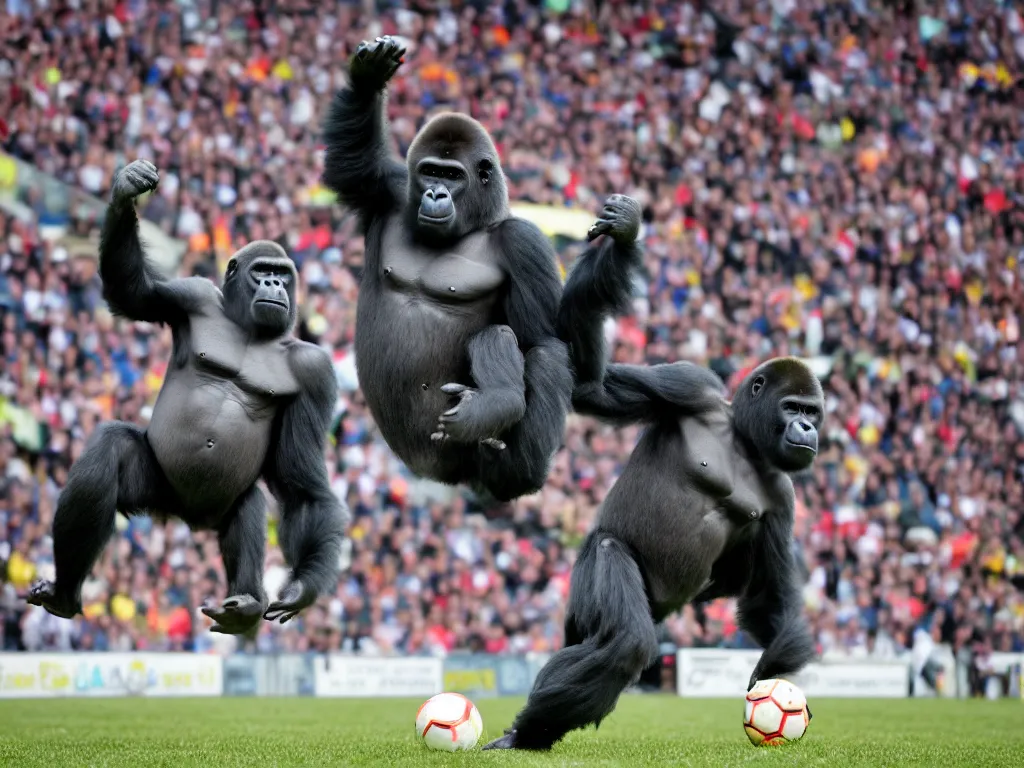 Image similar to a gorilla jumping to head the ball on a corner kick, vivid