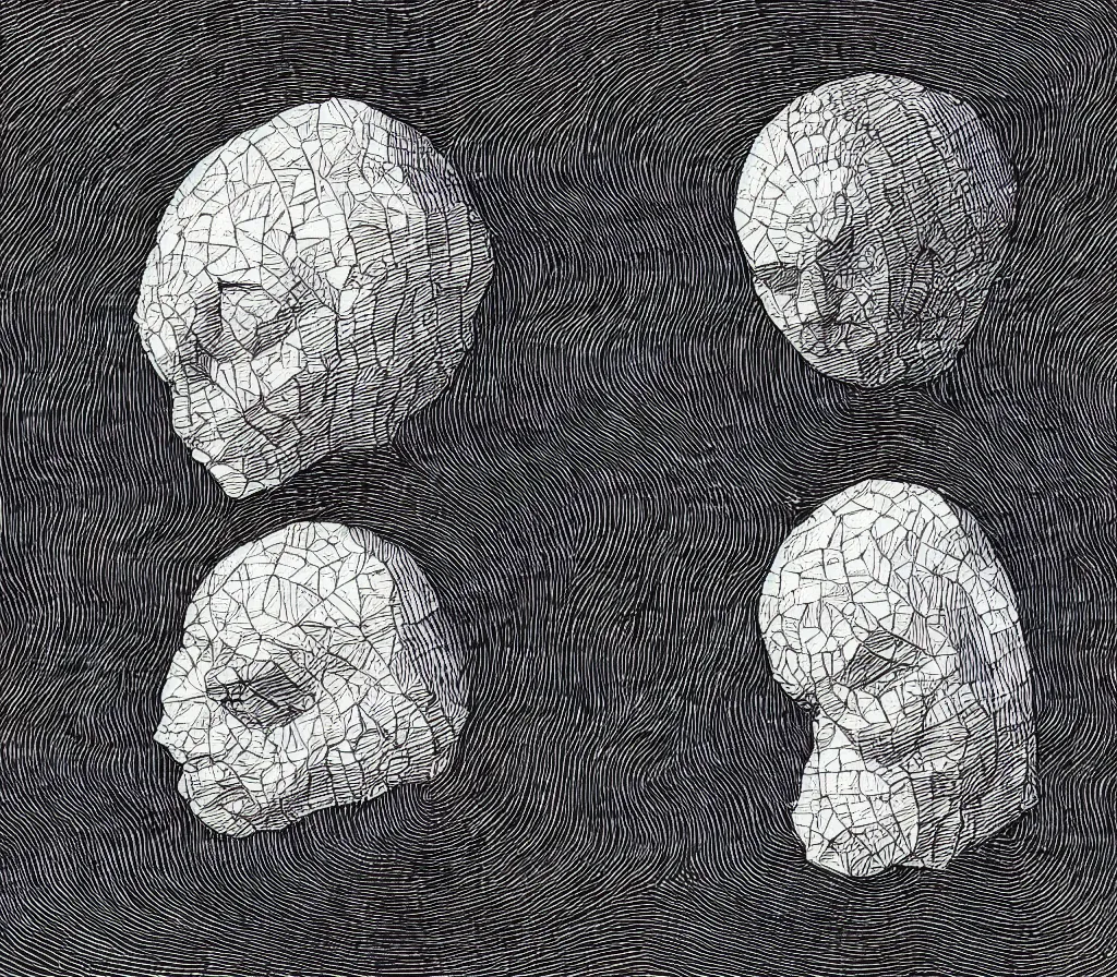 Prompt: Beautiful isometric print of an Asteroid shaped like a Human Head made out of geometric lego bricks in the darkness of outer space in the style of Albrecht Durer and Martin Schongauer and Hokusai, high contrast!! finely carved woodcut engraving black and white crisp edges