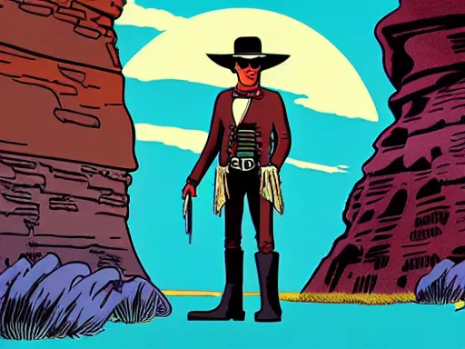 Image similar to a detailed illustration photorealistic of the Lone Ranger in the wild west town. flat colors, limited palette in FANTASTIC PLANET La planète sauvage animation by René Laloux