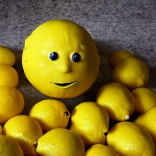 Prompt: a lemon in shape of a human with legs of lemons and round body.