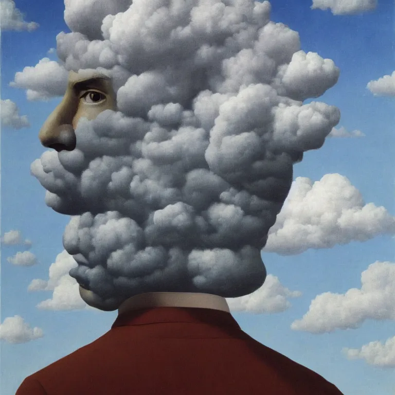 Prompt: portrait of a cloud head man, by rene magritte, centered, detailed painting, hd, hq, high resolution, high detail, 4 k, 8 k