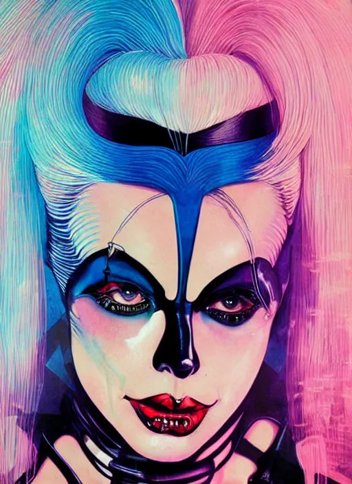 Image similar to beautiful lady gaga as harley quinn, high details, intricate details, by vincent di fate, artgerm julie bell beeple, 1 9 9 0 s, inking, vintage 9 0 s print, screen print