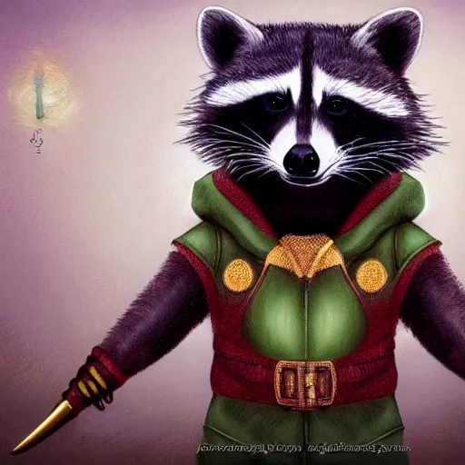 Image similar to a raccoon in a green, hooded rouge outfit with gold accents holding dagger made of fire, trending on art station