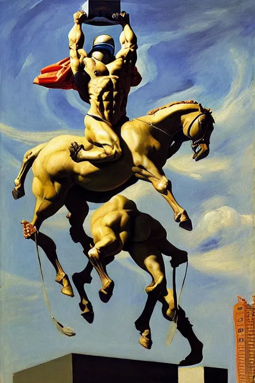 Image similar to bodybuilder in an astronaut helmet lifts a statue of a horse, highly detailed painting by francis bacon, edward hopper, adrian ghenie, gerhard richter, and james jean soft light 4 k,