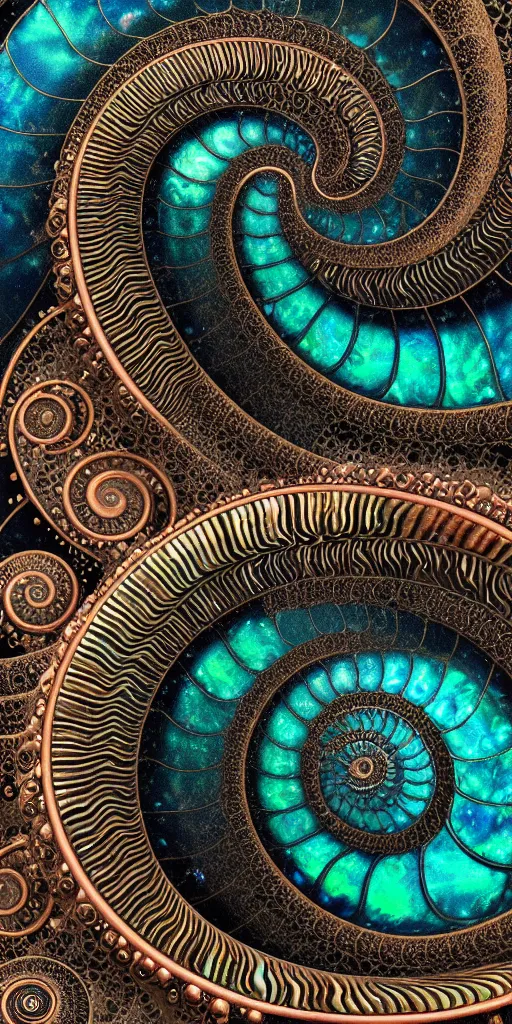 Image similar to cinematic landscape, art nouveau cresting oil slick waves, ammonite, bubbles in a shiny iridescent oil slick wave, black opals, ornate copper patina art nouveau spiral ornament, rococo, organic rippling spirals, hyperdetailed photorealistic ultrasharp octane render