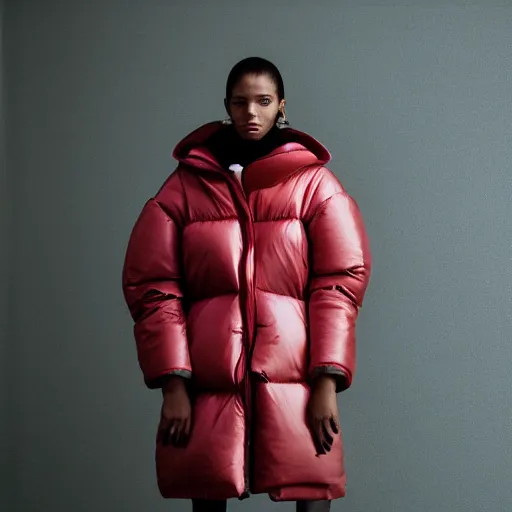 Image similar to realistic photoshooting for a new balenciaga lookbook color film photography portrait of a beautiful woman model, model wears a puffer jacket, photo in style of tyler mitchell, wes anderson