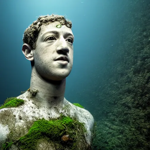 Image similar to Award-winning photograph by Mar Mann. The photo depicts a decaying roman bust of Mark Zuckerberg overgrown with moss at the bottom of the sea in the middle of ruins of civilization. Minimalism, high definition, perfect composition. Deep sea picture. Very dark. Volumetric Lighting. Fish. Darkness. Ruins