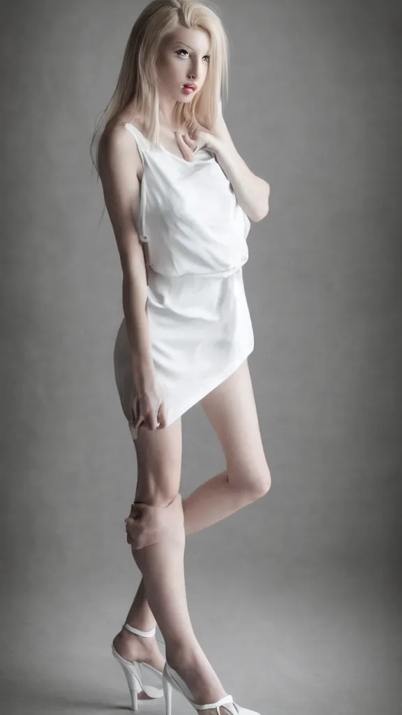 Prompt: extremely beautiful studio photo of emily skinner, looking like annie leonhart, beautiful slim legs, wearing heels and white short dress, in a white room, pale skin, bokeh, very very very very beautiful!!, hard focus, sexy pose, full body shot, 9 0 mm, f / 1. 2 5