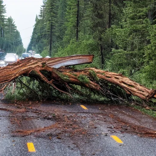 Prompt: fallen tree in highway traffic. Sasquatch hides in the forest