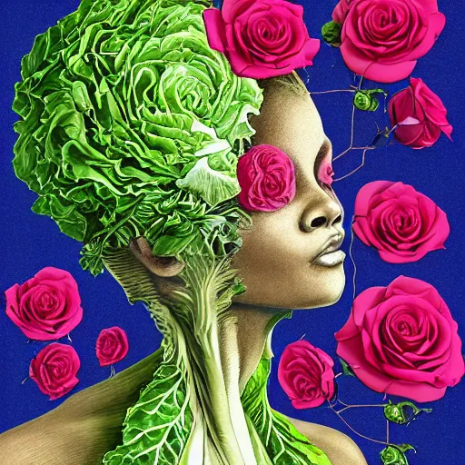 Image similar to the anatomy of a head of lettuce with roses that resemble a beautiful young black woman looking up, an ultrafine detailed illustration by james jean, intricate linework, bright colors, final fantasy, behance contest winner, vanitas, angular, altermodern, unreal engine 5 highly rendered, global illumination, radiant light, detailed and intricate environment