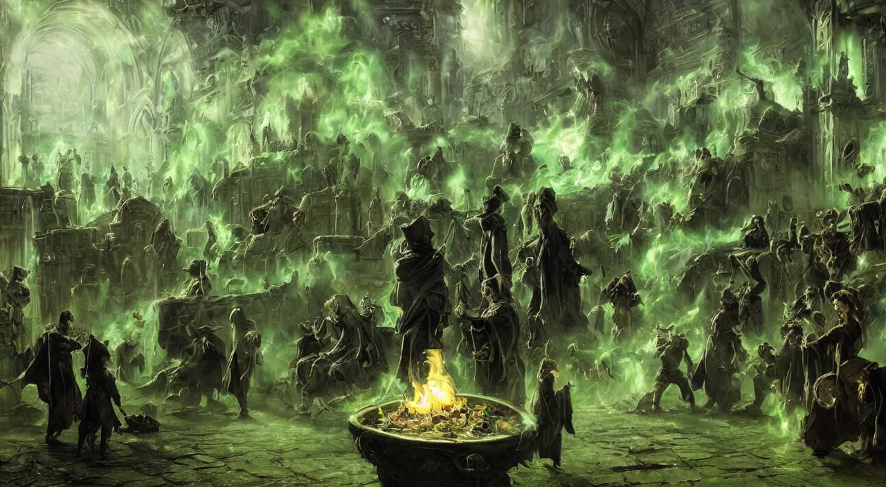 Image similar to A highly detailed oil painting by Greg Rutkowski of a group of sorcerers wearing black robes making a potion in a huge bubbling cauldron glowing bright green, with lots of fire coming from it, highly detailed fantasy concept artwork, very realistic, green and black color scheme, graffiti.