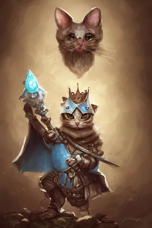 Image similar to cute little anthropomorphic cat knight wearing a cape and a crown, tiny, small, miniature cat , baby animal, short, pale blue armor, cute and adorable, pretty, beautiful, DnD character art portrait, matte fantasy painting, DeviantArt Artstation, by Jason Felix by Steve Argyle by Tyler Jacobson by Peter Mohrbacher, cinematic lighting