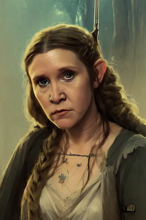 Image similar to young carrie fisher, battle warrior, lord of the rings, tattoos, decorative ornaments, by carl spitzweg, ismail inceoglu, vdragan bibin, hans thoma, greg rutkowski, alexandros pyromallis, perfect face, fine details, realistic shading, photorealism