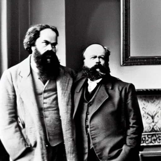 Image similar to Karl Marx and Nietzsche hugging, bedroom background, photo, 1920, romantic