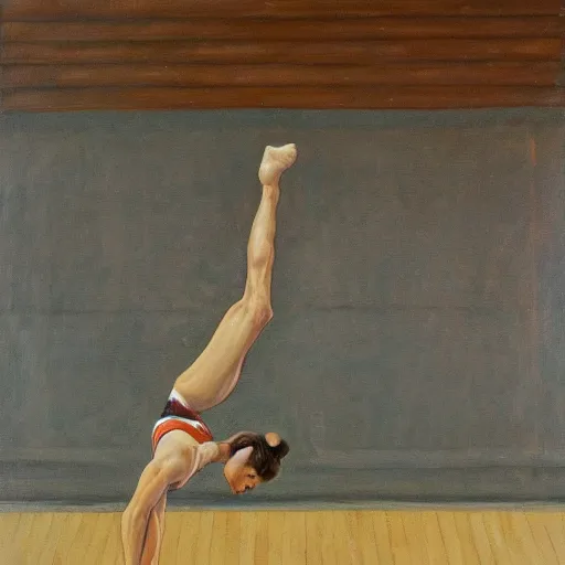 Image similar to A gymnastics doing flips in a gymnasium, oil on canvas