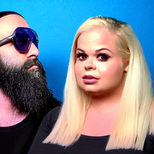 Prompt: a closeup of keemstar and trisha paytas in a podcast show, half blue and half pink background, high quality production