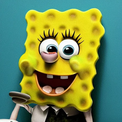 Image similar to A horrific photo of SpongeBob after years of use as a regular Kitchen sponge