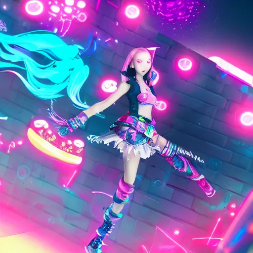 Image similar to a girl like (jinx, Princess peach), dancing, background jet ground radio, kpop, fullshot, raytrayced, octane render,volumetric lighting, epic composition, intricate details, dark neon punk, by KDA