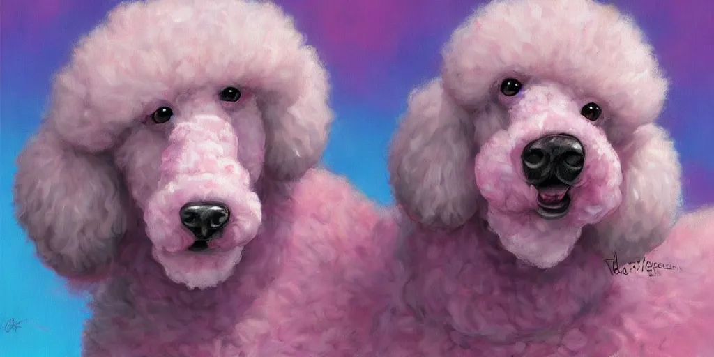 Prompt: realistic poodle/ice cream hybrid, cherry ice cream, pink and blue, soft colors, realism, romanticism, oil painting, digital art, trending, World of Warcraft, monster, Final Fantasy, hand painted, adoptable, cinematic