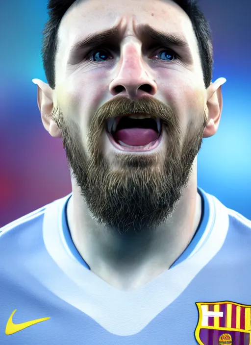 Image similar to portrait of ((cute)) crying Messi, photorealistic, 35mm, close-up, blue tear, Octane render, trending on Artstation, 4k, 8k, highly detailed, digital art