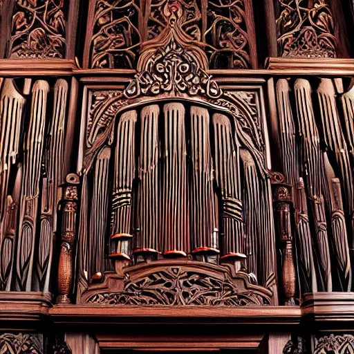 Prompt: pipe organ intricately carved from ancient wood, detailed reference photo, artstation