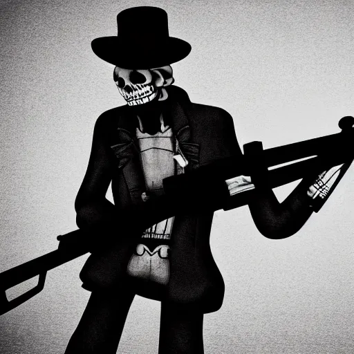 Prompt: Photo of a skeleton mafia boss with a tommy gun.