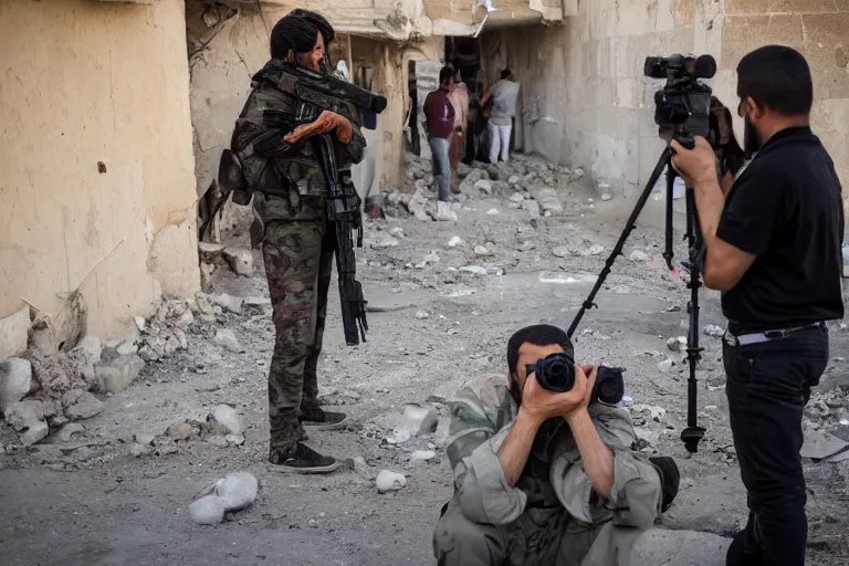 Prompt: first personal view sniper shoot back in the street Syria, photojournalism detailed