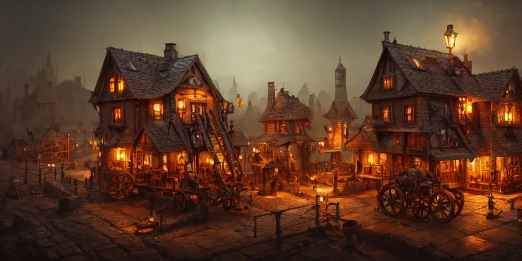 Image similar to a small steampunk wooden village, rich, cyborgs, dark aesthetic, soft colours, natural, steam, big clocks, concept art, octane render, unreal engine, in the style of luca guadagnino, highly detailed, high quality, artstation, digital art, 8 k hdr, cinematic, dramatic lighting, scenic, rich colour scheme