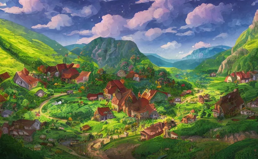 Image similar to a small village in a valley, villagers busy farming, a dragon in a distance, storybook, gouache, flat, concept art, lush, print