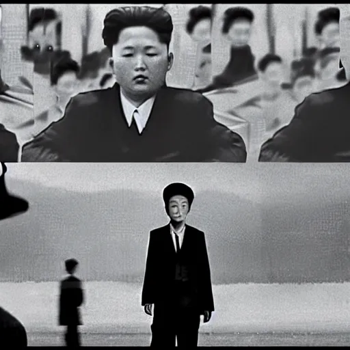 Image similar to a film still of a north korean film noir, video compression, ripple effect