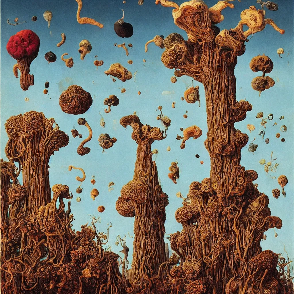 Image similar to a single colorful! ( lovecraftian ) fungus tower white! clear empty sky, a high contrast!! ultradetailed photorealistic painting by jan van eyck, audubon, rene magritte, agnes pelton, max ernst, walton ford, andreas achenbach, ernst haeckel, hard lighting, masterpiece