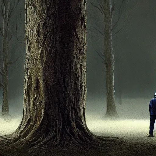 Image similar to an 5 5 - year old man looks at a great grey owl in a tree in front of him, concept art, realistic modern supernatural horror thriller aesthetic, hd 4 k 8 k digital matte painting, by david mattingly and michael whelan and samuel araya. layout in the style of christopher mckenna and gregory crewdson