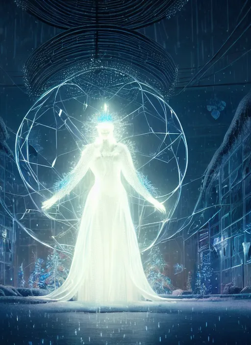 Prompt: a beautiful white queen with a giant snowflake as magic portal in the background, bokeh, glowing light orbs, intricate concept art, illuminated lines, outrun, vaporware, dark background, cyberpunk darksynth, ethereal, ominous, misty, 8 k, rendered in octane, by ruan jia and jeremy mann and alphonse mucha
