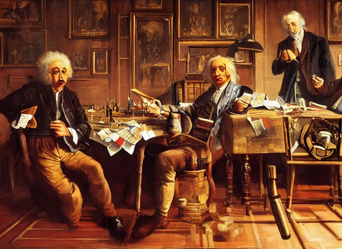 Image similar to baroque painting albert einstein with isaac newton with stephen hawkins playing poker in an old west saloon, intricate, highly detailed, centered, digital painting, artstation, concept art, smooth, sharp focus, illustration, art inspired by james gurney and greg rutkowski