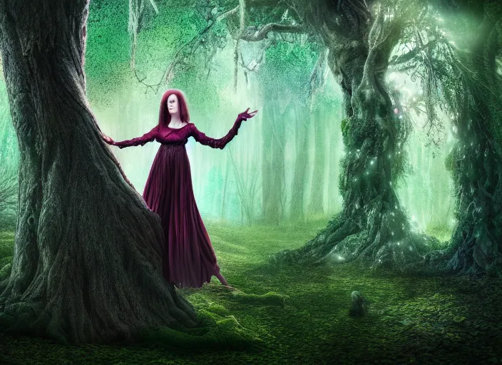 Prompt: a woman growing out of a tree in a magical forest. Fantasy magic horror style. Highly detailed 8k. Intricate. Nikon d850 55mm. Award winning photography.