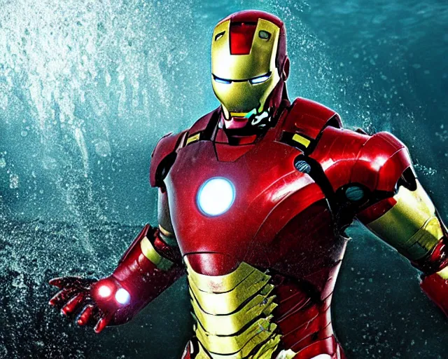 Image similar to iron man submerged under water, cinematic, photoreal, by red dead redemption 2