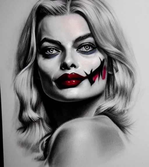 Prompt: tattoo design sketch of beautiful margot robbie portrait with joker makeup, in the style of den yakovlev, realistic face, black and white, realism tattoo, hyper realistic, highly detailed, beautiful drawing