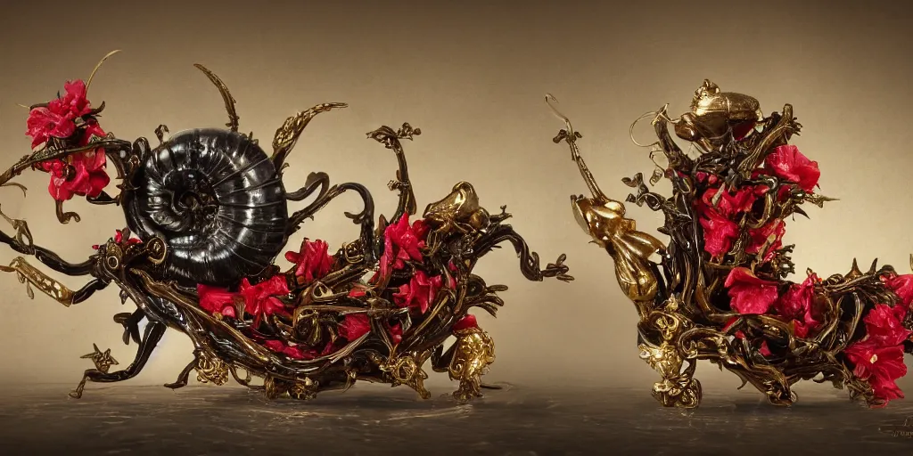 Prompt: snail vs knight, wide angle, italian masterpiece, Ashford Black Marble, sculpture, baroque, draped with red Hibiscus and vines and spines, marble and gold, drapes, dead fruits, Obsidian, portrait, rabbit, chariot, snails vs knight, render, artstation, ultra detailed