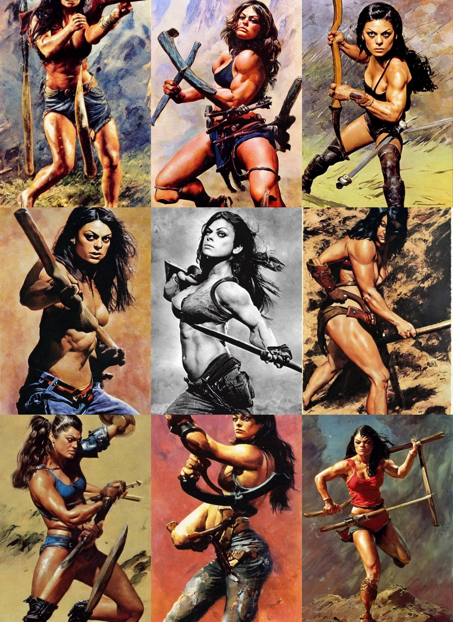 Prompt: action shot of muscled mila kunis wielding a broadaxe, frank frazetta